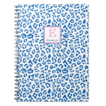 Preppy Blue and White Leopard Print Mit Monogramm