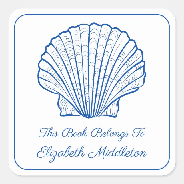 Preppy Blue and White Muschel Buchzeichen Quadratischer Aufkleber (Vorderseite)
