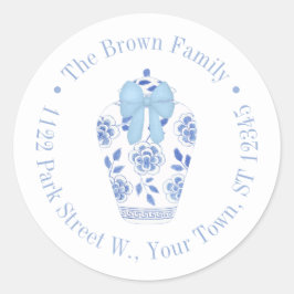 Preppy Blue Bow Ginger Jar Rücksendeadresse Runder Aufkleber