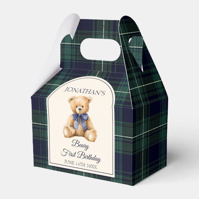 Preppy Blue Bow Teddy Bear Tartan Birthday  Geschenkschachtel (Vorderseite)