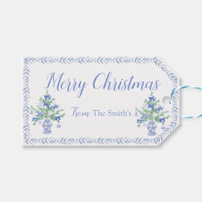Preppy Blue Chinoiserie Christmas Tree Ginger Jars Geschenkanhänger (Vorderseite (Horizontal))