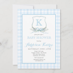 Preppy Blue En vichy Crest Baby shower Invitation