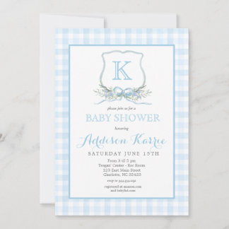 Preppy Blue En vichy Crest Baby shower Invitation