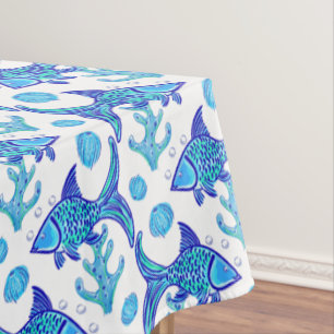 Preppy Blue Fish Muster Coastal Beach House Boat Tischdecke
