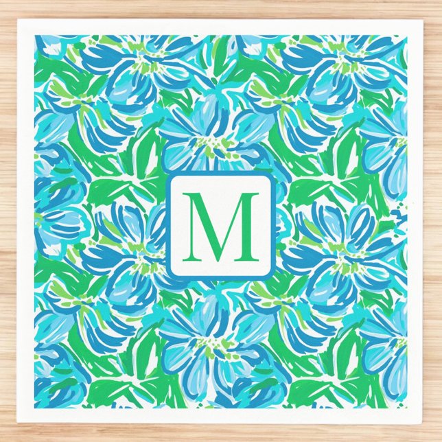 Preppy Blue Flowers Monogram Serviette (Von Creator hochgeladen)