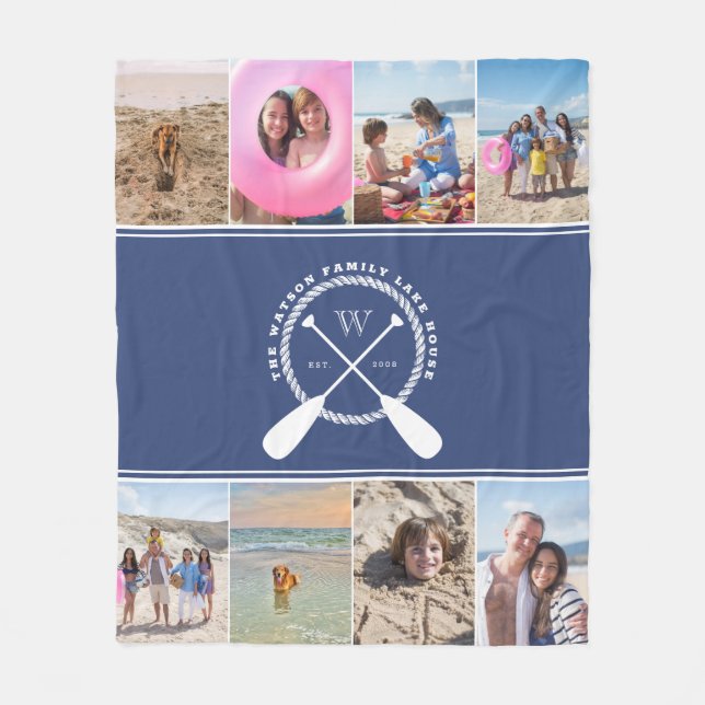 Preppy Blue Lake House Monogram Foto Collage Fleecedecke (Vorderseite)