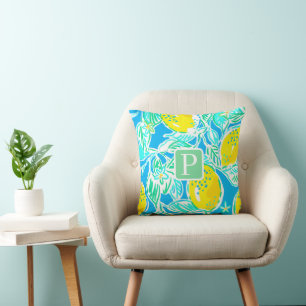 Preppy Blue Lemon Pattern Initial Pillow Kissen