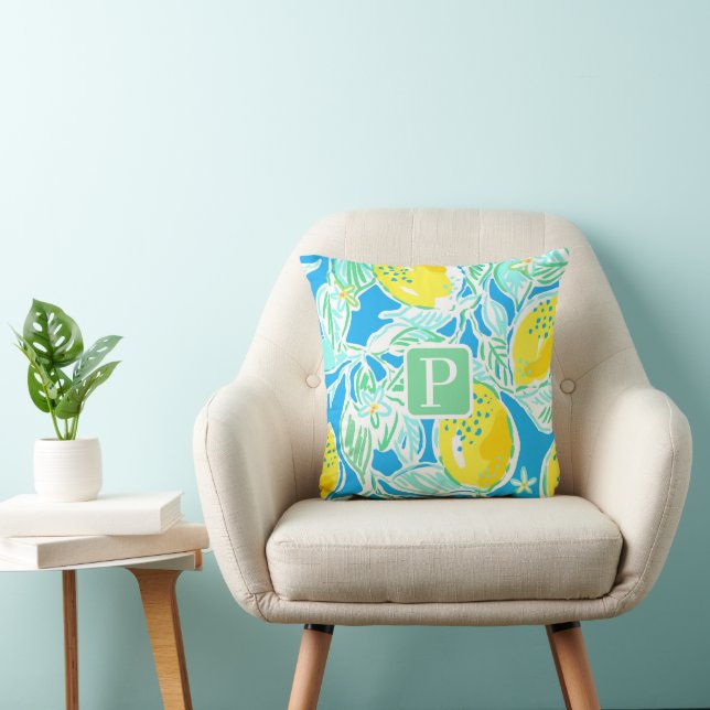 Preppy Blue Lemon Pattern Initial Pillow Kissen (Stuhl )