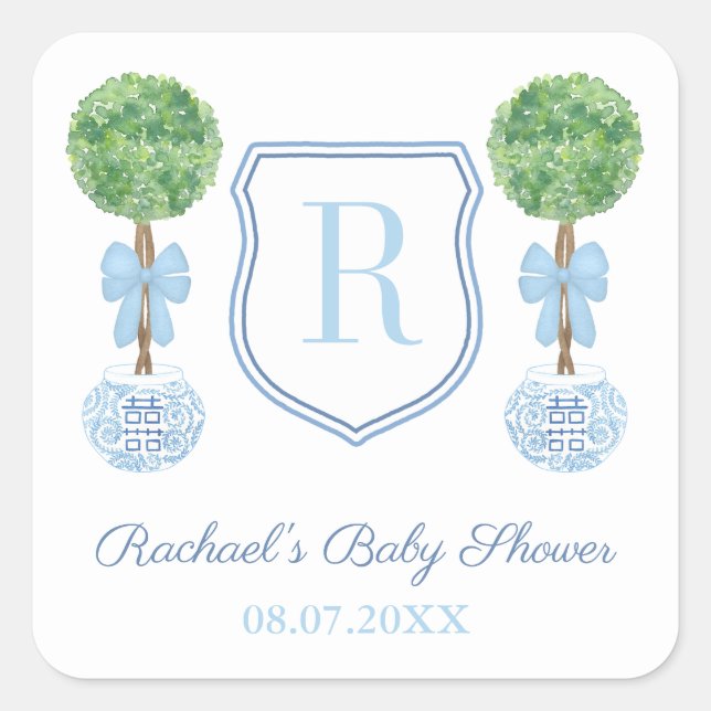 Preppy Blue Monogram Boxwood Baby Showvorteil Quadratischer Aufkleber (Vorderseite)