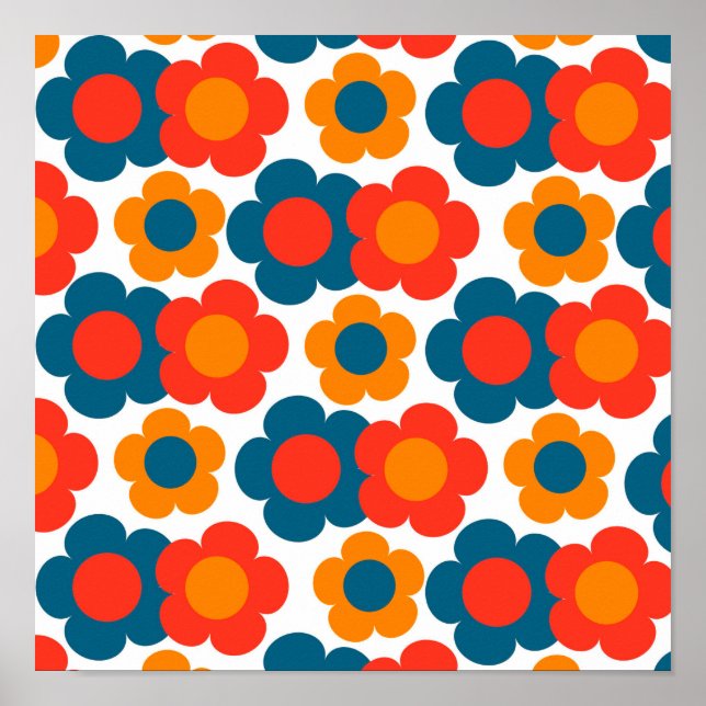 Preppy Blue Orange Hippie Blume Muster Poster (Vorne)