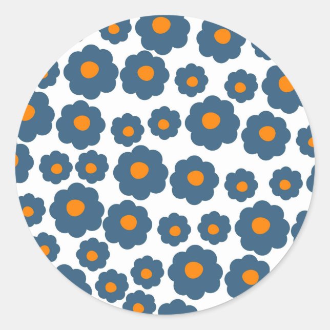 Preppy Blue Orange Hippie Blume Muster Runder Aufkleber (Vorderseite)