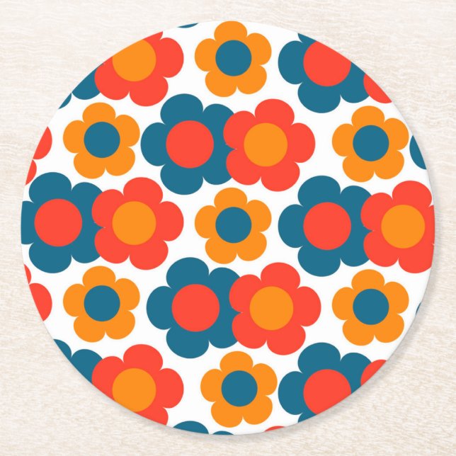 Preppy Blue Orange Hippie Blume Muster Runder Pappuntersetzer (Vorderseite)
