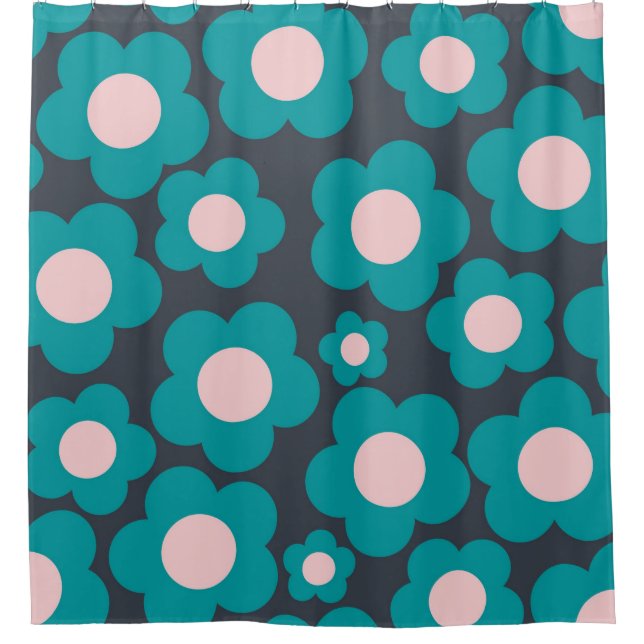 Preppy Blue Pink Hippie Blume Muster Duschvorhang (Vorderseite)