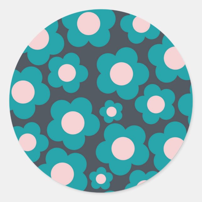 Preppy Blue Pink Hippie Blume Muster Runder Aufkleber (Vorderseite)