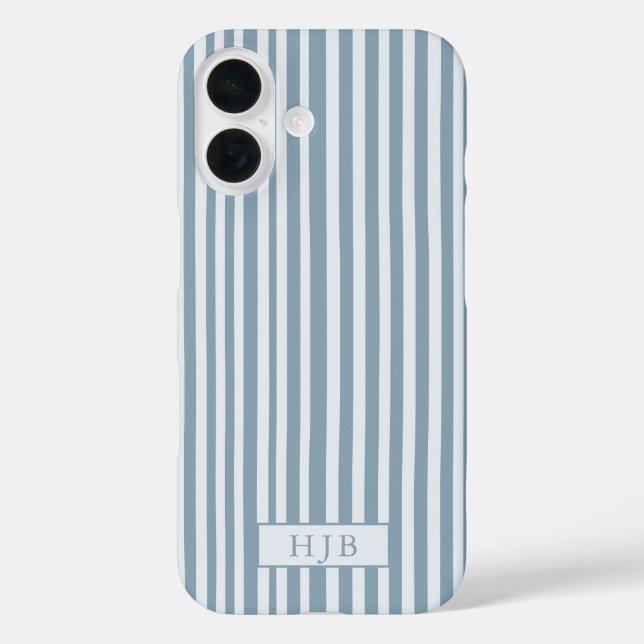 Preppy Blue Stripe Monogramme Joli iPhone 16 Coque (Verso)