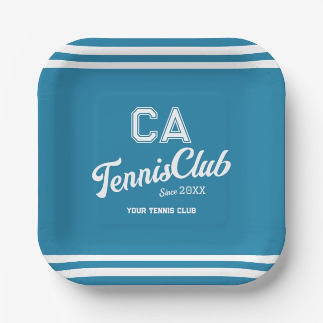 Preppy Blue Tennis Club Custom Wappen Party Pappteller (Vorderseite)