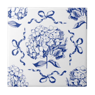 Preppy Blue Toile Hydrangea Bow Nahtloses Muster Fliese