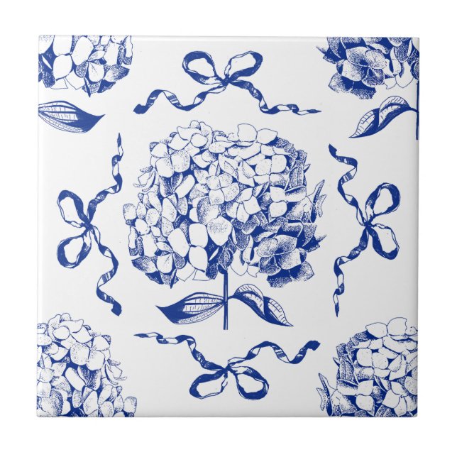 Preppy Blue Toile Hydrangea Bow Nahtloses Muster Fliese (Vorderseite)
