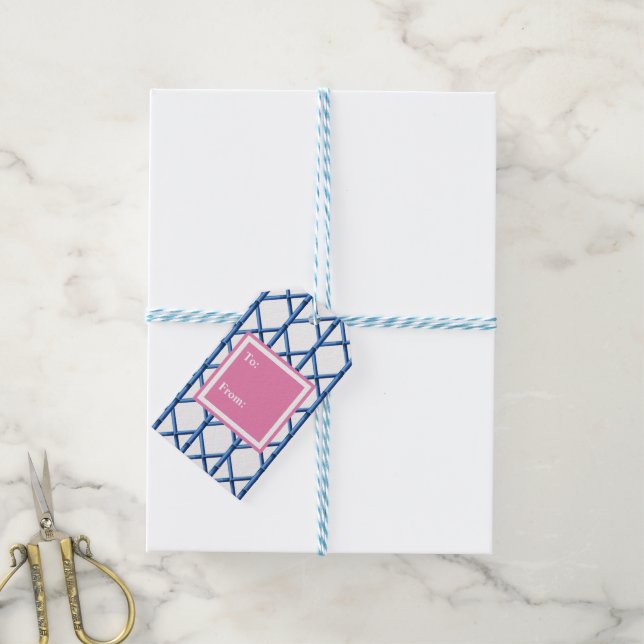Preppy Blue Trellis Bamboo Muster Geschenkanhänger (Mit Garn)