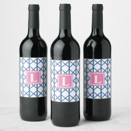 Preppy Blue Trellis Bamboo Muster Monogram Weinetikett