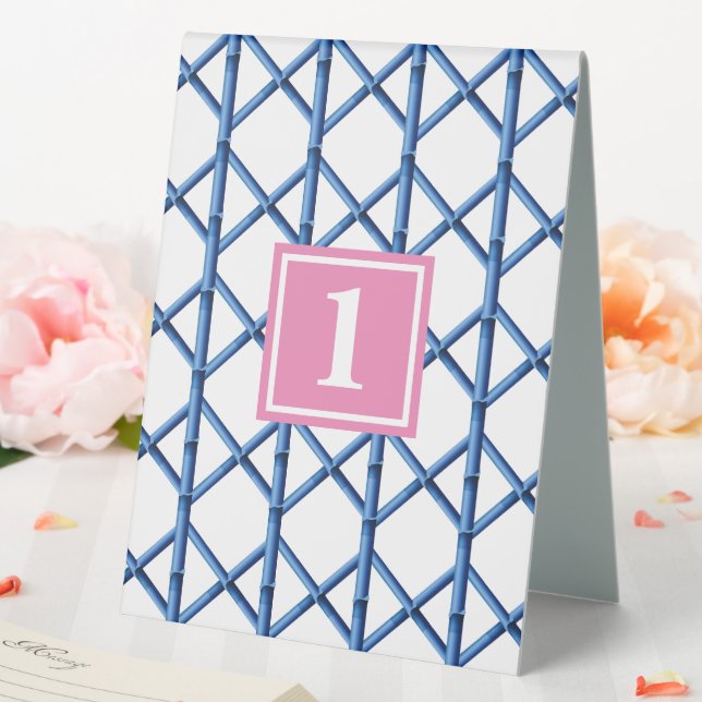 Preppy Blue Trellis Bamboo Musternummer Tischaufsteller (In Situ (Hochzeit))