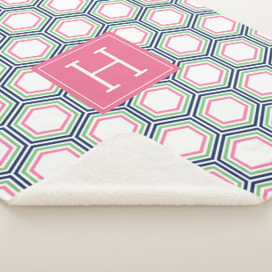Preppy Blue und Green Honeycomb Print Mit Monogram Sherpadecke