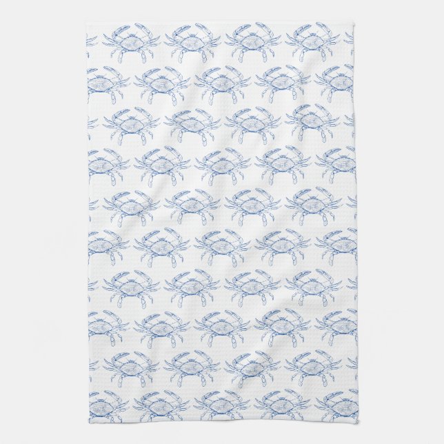 Preppy Blue und White Crabs an der Küste Geschirrtuch (Vertikal)