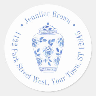 Preppy Blue und White Ginger Jar Rücksendeadresse Runder Aufkleber