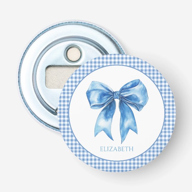Preppy Blue und White Gingham und Bow Flaschenöffner (Vorderseite)