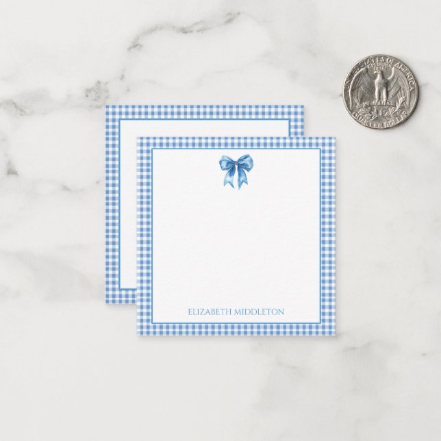 Preppy Blue und White Gingham und Bow Mitteilungskarte (Vorderseite/Rückseite Beispiel)