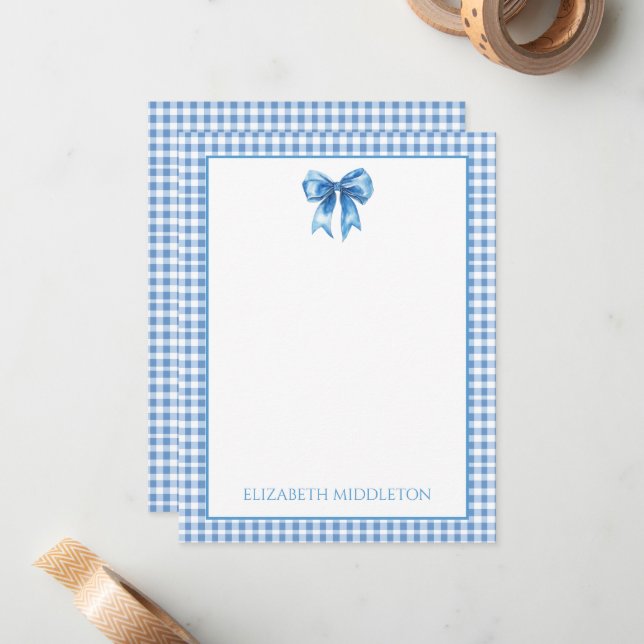 Preppy Blue und White Gingham und Bow Mitteilungskarte (Vorderseite/Rückseite Beispiel)