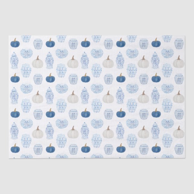 Preppy Blue und White Pumpkins Ginger Jars Fall Seidenpapier (Vorderseite)