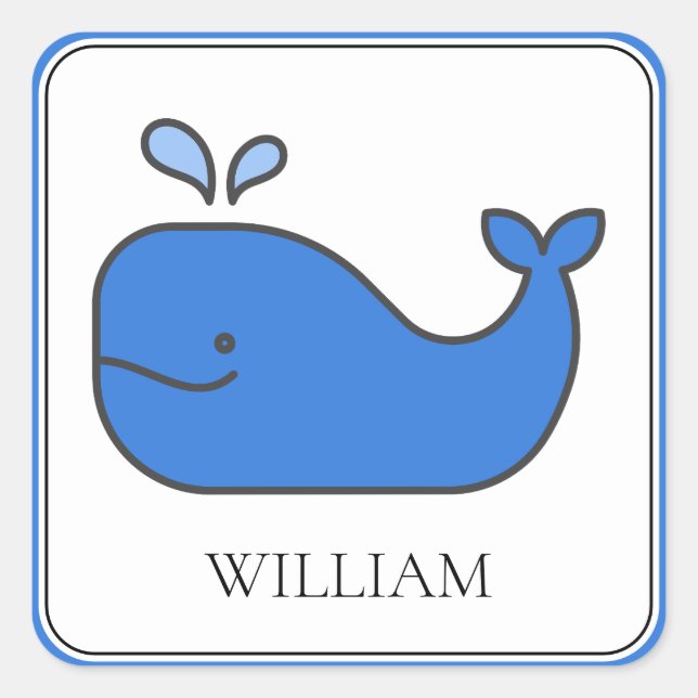 Preppy Blue Whale Personalisiert Quadratischer Aufkleber (Vorderseite)