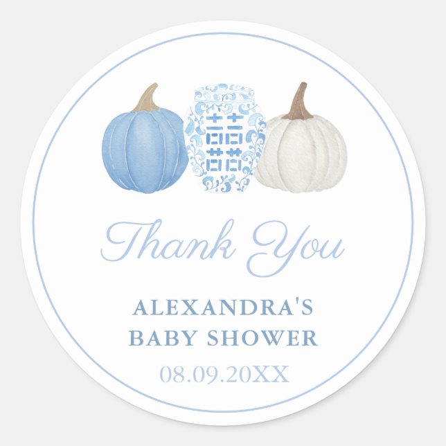 Preppy Blue & White Pumpkin Polterabend Gevor Runder Aufkleber (Vorderseite)