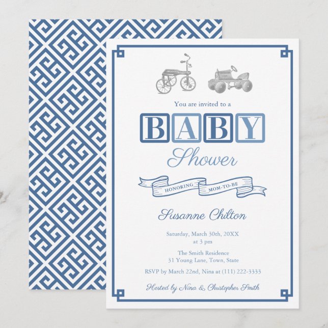 Preppy Blue & White Vintag Toys Kinderdusche Party Einladung (Vorne/Hinten)