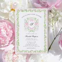 Preppy Botanical Pink Bow Monogram Baby Shower