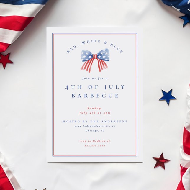 Preppy Bow 4. Juli Party GRILLEN der Unabhängigkei Einladung (Preppy sophisticated 4th of july bbq invitation featuring a watercolor bow with the american flag)