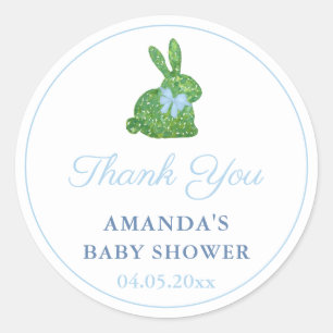 Preppy Boxwood Bunny Blue Bow Baby Showfavorit Runder Aufkleber