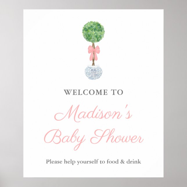 Preppy Boxwood Pink Bow Baby Dusche Willkommenspen Poster (Vorne)