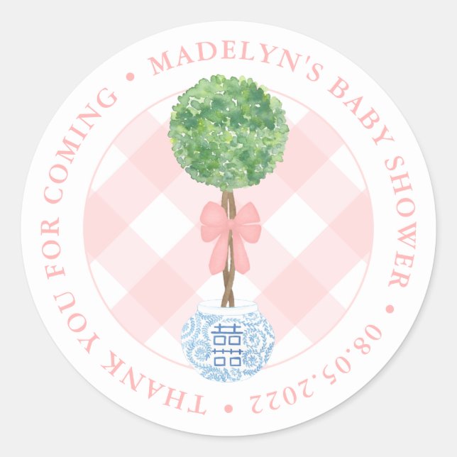 Preppy Boxwood Pink Bow Girl Baby Dusche Vielen Da Runder Aufkleber (Vorderseite)