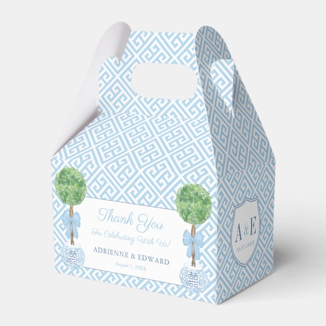 Preppy Boxwood Topiary Monogram Blue Green Wedding Geschenkschachtel (Vorderseite)
