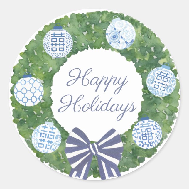 Preppy Boxwood Wreath Happy Holidays Umschlag Aufk Runder Aufkleber (Vorderseite)