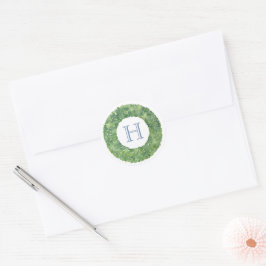 Preppy Boxwood Wreath Monogram Gastgeschenk Runder Aufkleber