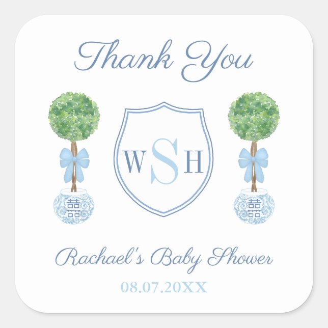 Preppy Boy Baby Shooting Monogram Vielen Dank Quadratischer Aufkleber (Vorderseite)