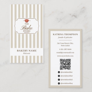 Preppy Brown & Beige Streifen Bäckerei-Logo QR-Cod Visitenkarte