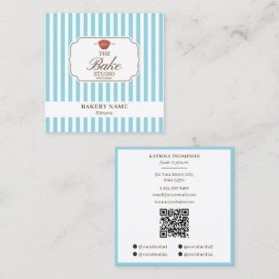 Preppy Brown & Blue Streifen Bäckerei-Logo QR-Code Quadratische Visitenkarte