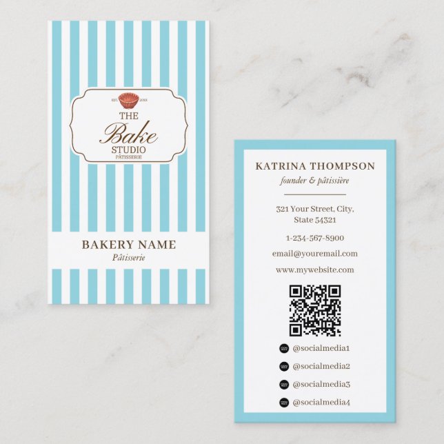 Preppy Brown & Blue Stripes Bakery Logo QR Code Visitenkarte (Vorne/Hinten)