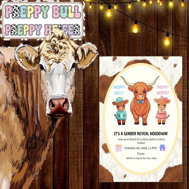 Preppy Bull or Heifer Gender Reveal Hoedown  Einladung (Von Creator hochgeladen)