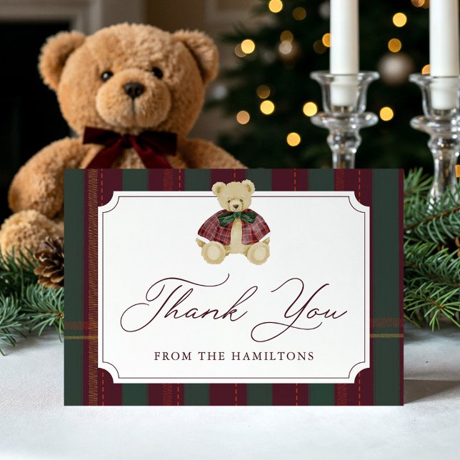 Preppy Burgundy Plaid Teddy Bear Baby Shower Dankeskarte (Von Creator hochgeladen)