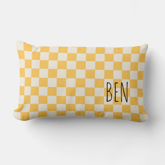 Preppy Check Modern Yellow White NAME Sweet Lendenkissen (Vorderseite)